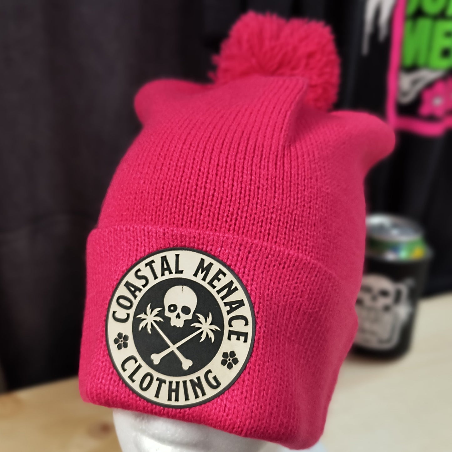 Raspberry pom Coastal Menace Base Threat beanie with round patch