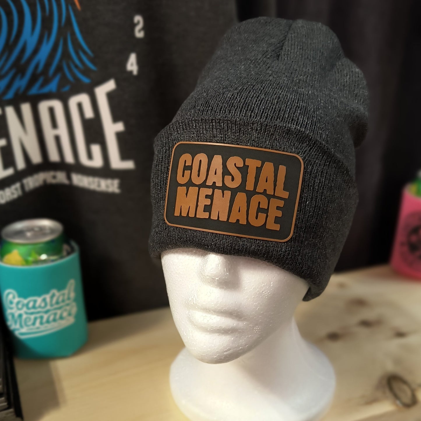 heather grey knit beanie featuring the classic brown OG Coastal Menace patch