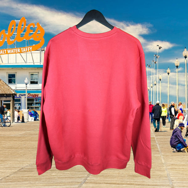 Back view of a cardinal red crewneck sweatshirt with no graphic, photographed on the Rehoboth Beach boardwalk with the Dolles sign visible behind it