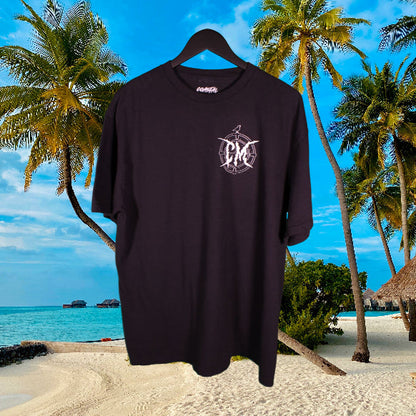 Black t-shirt with a white logo against a tropical beach background
