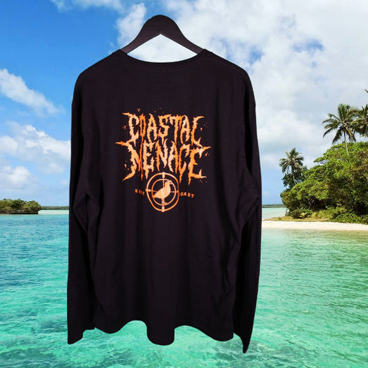 Black long-sleeve shirt with orange "Coastal Menace" logo against a tropical island background.