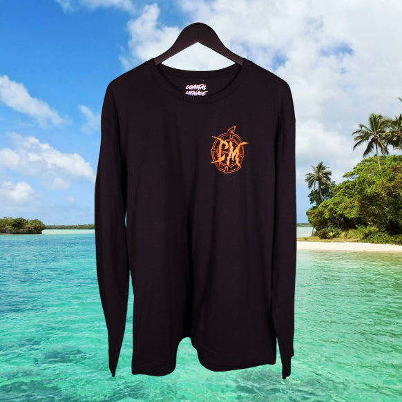 Black long-sleeve shirt with a metal font orange logo against a tropical island background