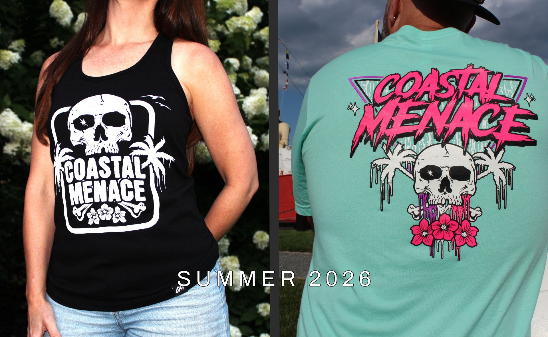 Black tank top with 'Coastal Menace' design worn by a person, and teal t-shirt with 'Coastal Menace' design on the back worn by another person.