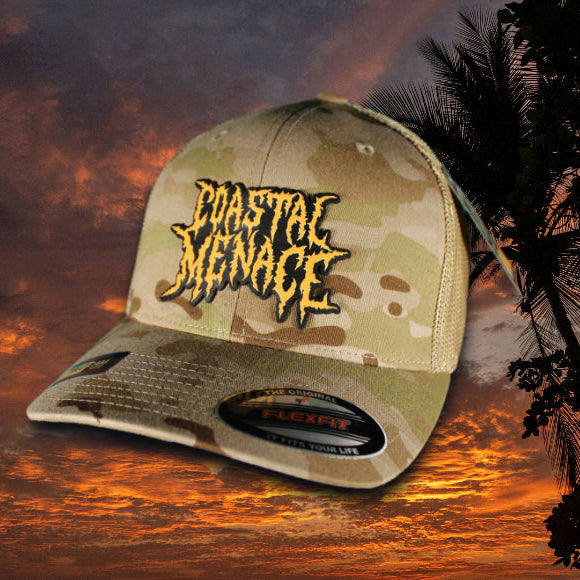 Desert Camouflage cap with 'Coastal Menace' logo against a sunset sky