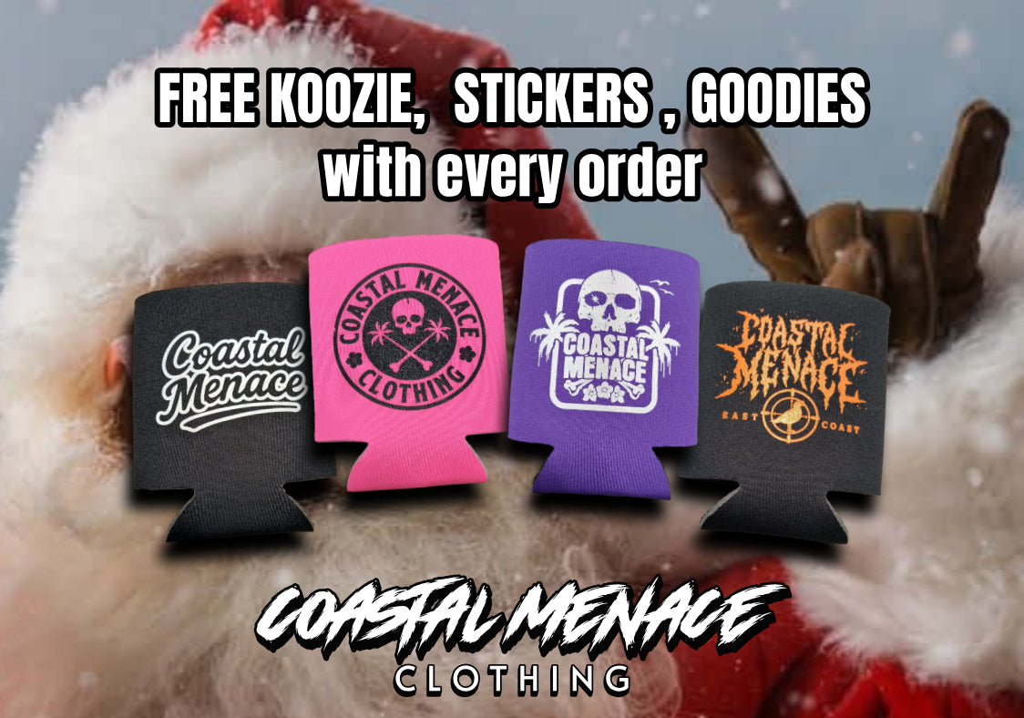Person wearing a Santa hat with Coastal Menace clothing branded can coolers and promotional text.
