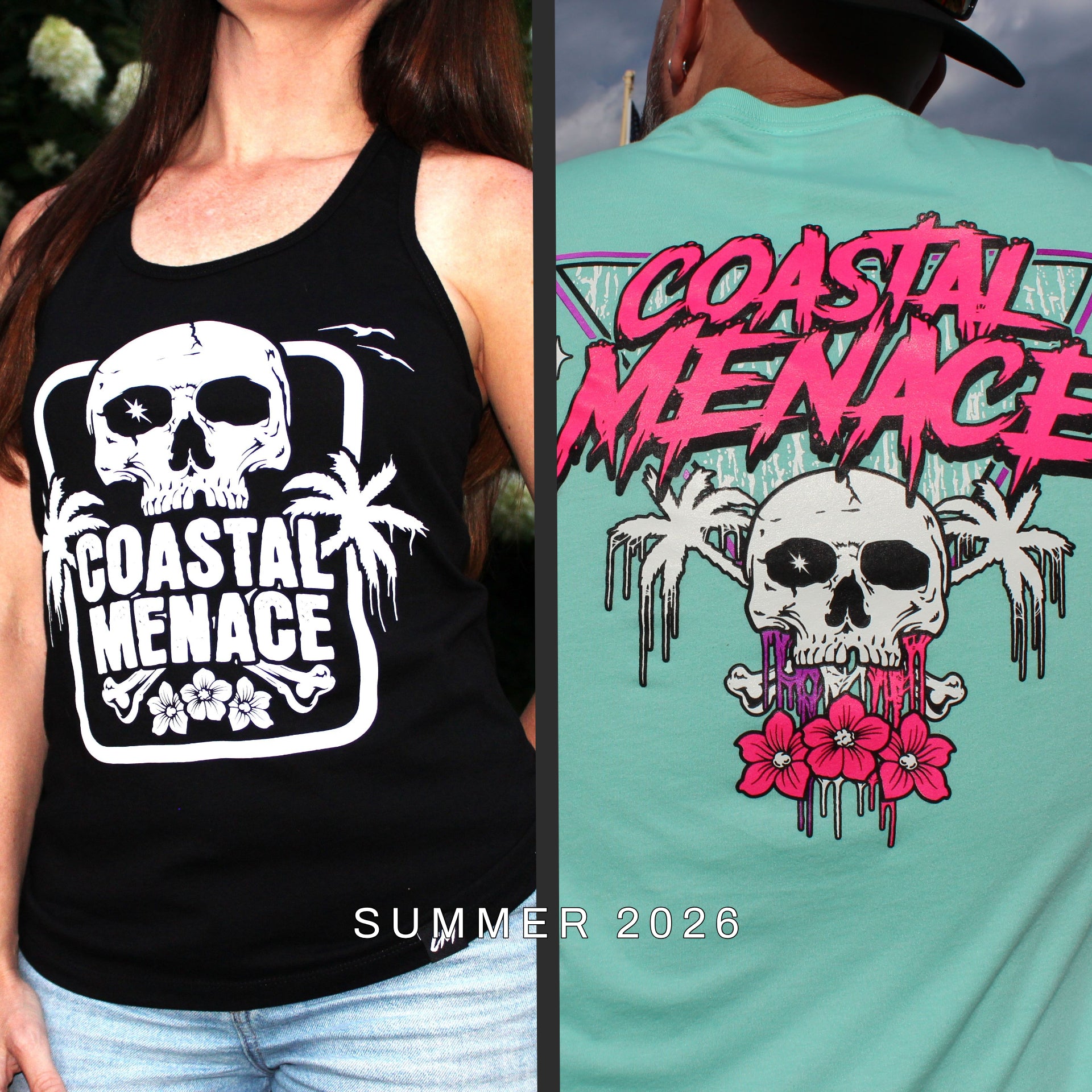Black tank top with 'Coastal Menace' design worn by a person, and teal t-shirt with 'Coastal Menace' design on the back.