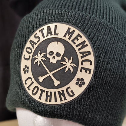 Closeup of black Base Threat beanie patch