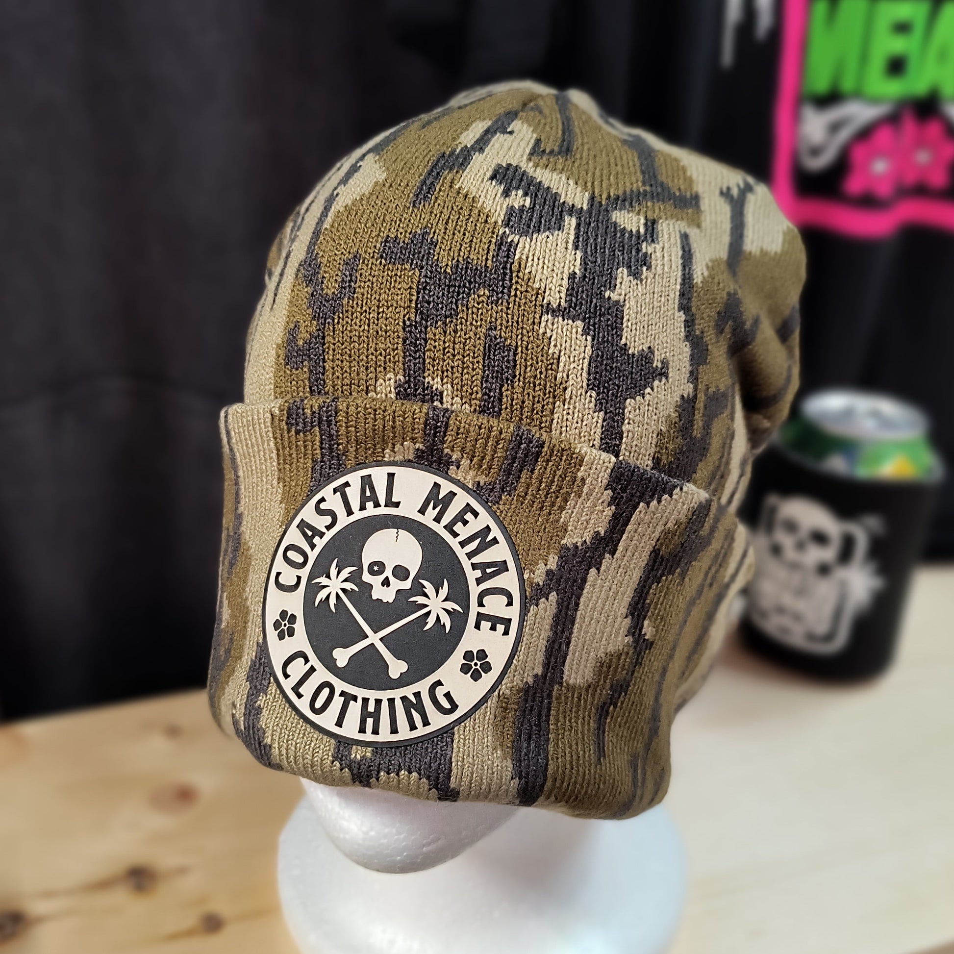 Bottomland camo Base Threat beanie with skull and palms patch