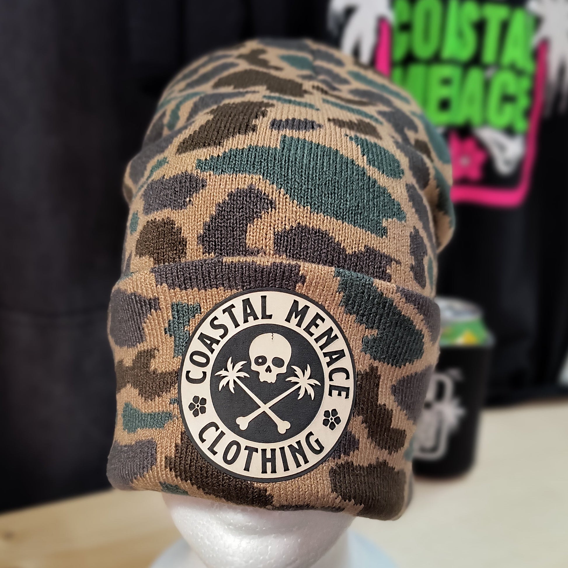 Duck camo Base Threat beanie with skull and palms patch