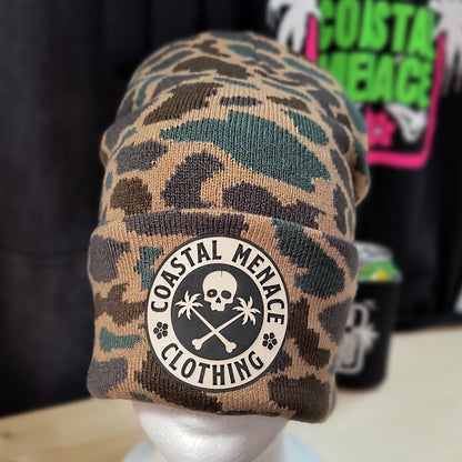 Duck camo Base Threat beanie with skull and palms patch