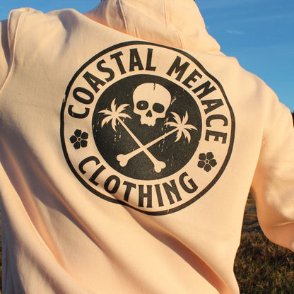 Close-up back view of the Base Threat hoodie showing the large Coastal Menace logo.