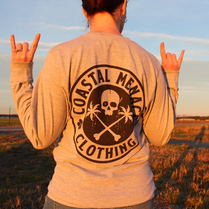 Back view of the Base Threat heather gray long sleeve tee with model throwing rock hand signs.