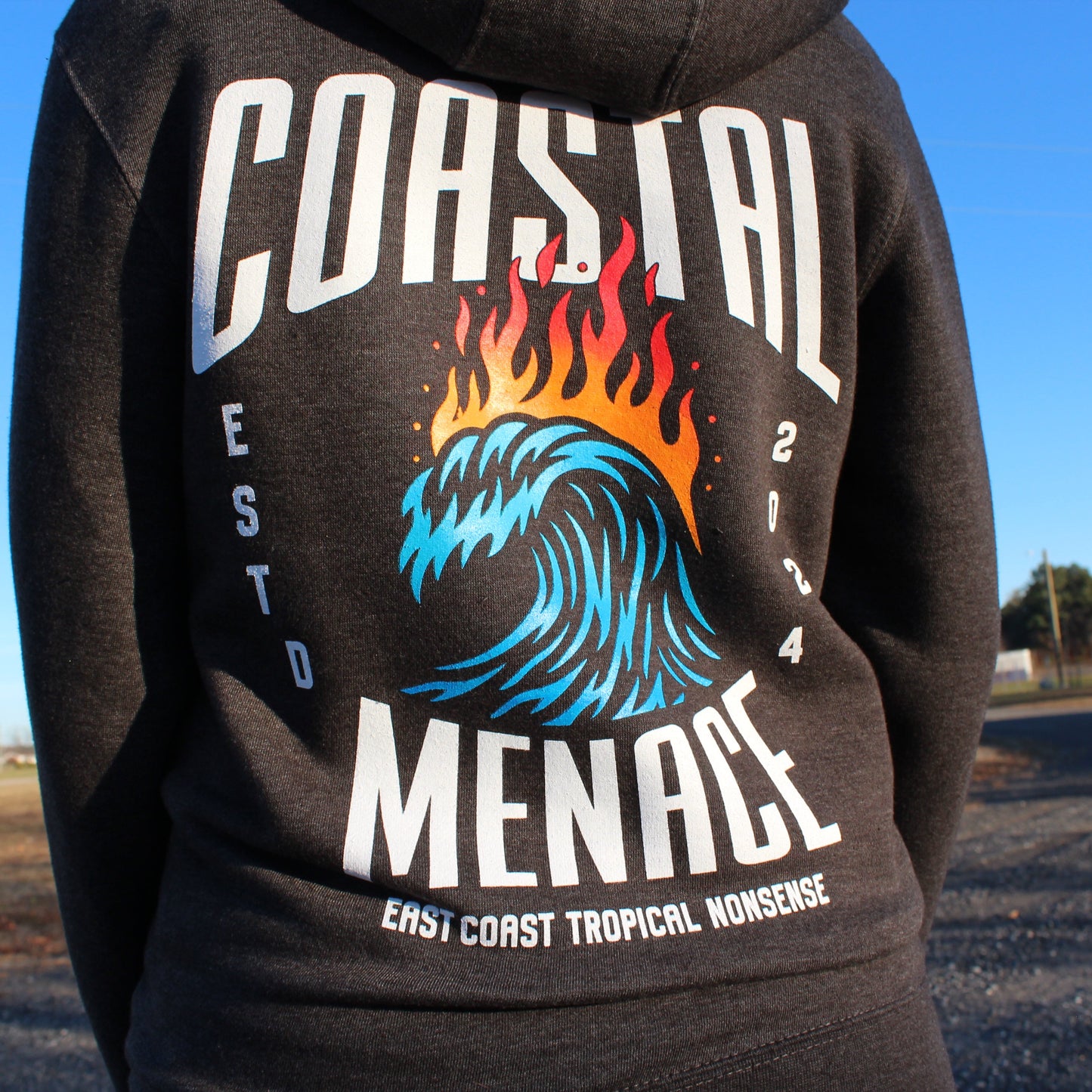 Close-up of the Hot Breaker hoodie back print featuring the flaming wave artwork.