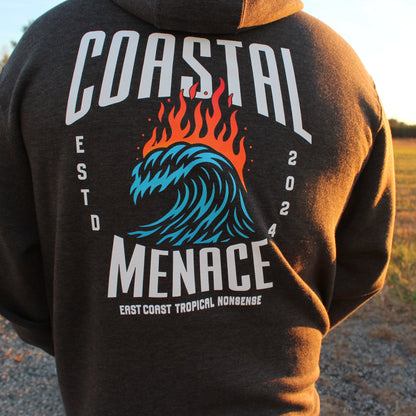 Back view of the Hot Breaker charcoal zip hoodie as male model walks outdoors.