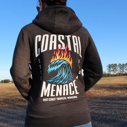 Back view of the Hot Breaker charcoal zip hoodie showing the large flaming wave design.