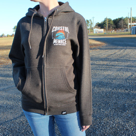 Front view of the Hot Breaker charcoal zip hoodie worn by female model.