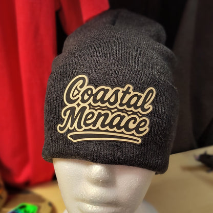 heather grey knit beanie with cream retro script Coastal Menace patch
