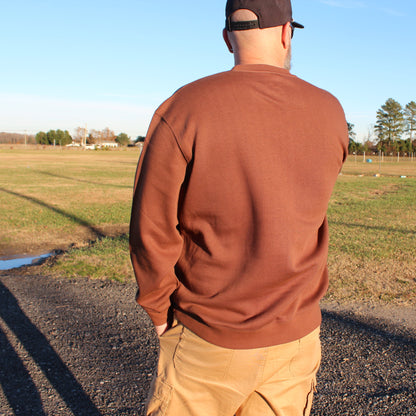 man wearing coastal menace retro script crewneck showing back
