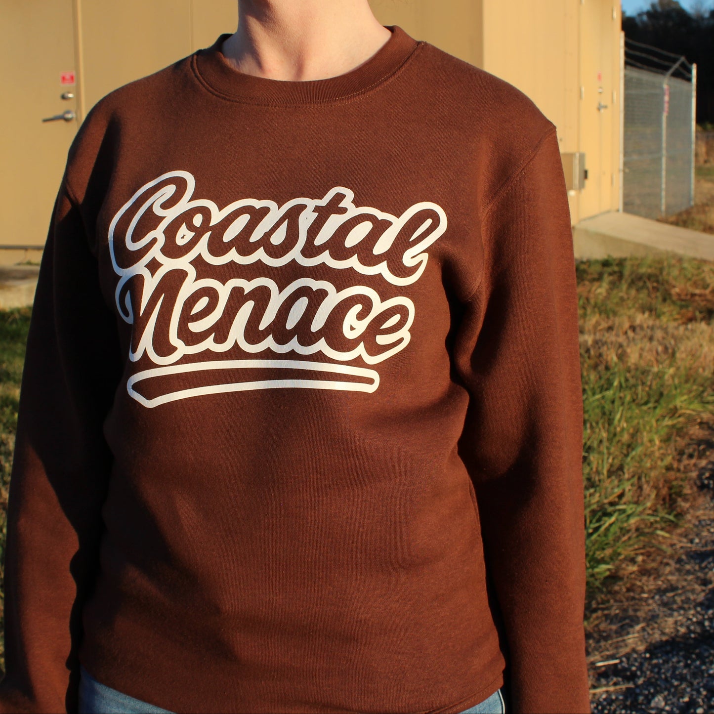 woman wearing coastal menace retro script brown crewneck front view