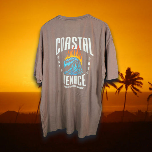Back view of Coastal Menace mineral wash vintage zinc t-shirt with large Hot Breaker wave and flame graphic printed on the back
