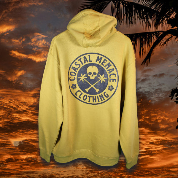 Back view of Coastal Menace antique gold hoodie with large retro script logo printed on the back
