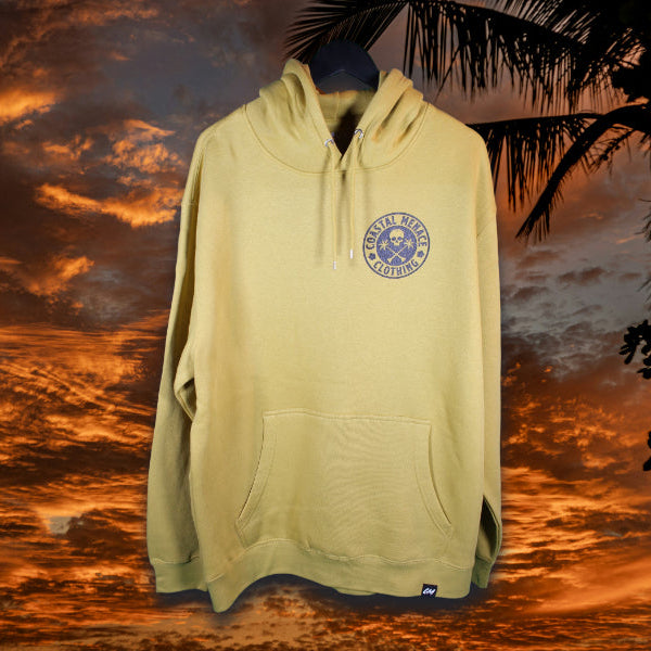 Coastal Menace antique gold hoodie with small retro script logo printed on the left chest

