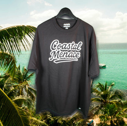 Coastal Menace black t-shirt with white retro script logo printed on the front
