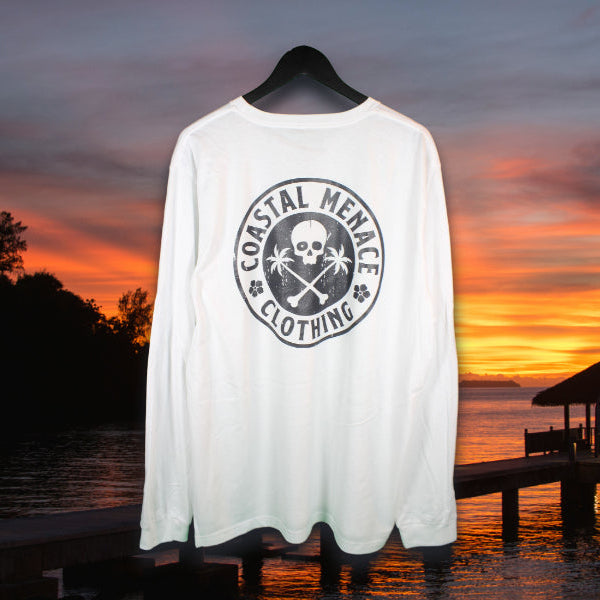 Back view of Coastal Menace white long sleeve t-shirt with large retro script logo printed on the back
