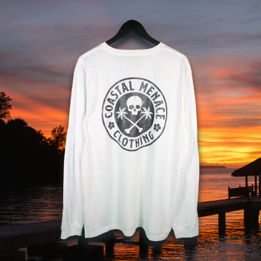 Back view of Coastal Menace white long sleeve t-shirt with large retro script logo printed on the back
