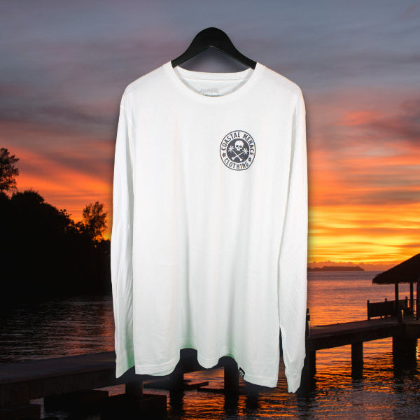 Coastal Menace white long sleeve t-shirt with small retro script logo printed on the left chest
