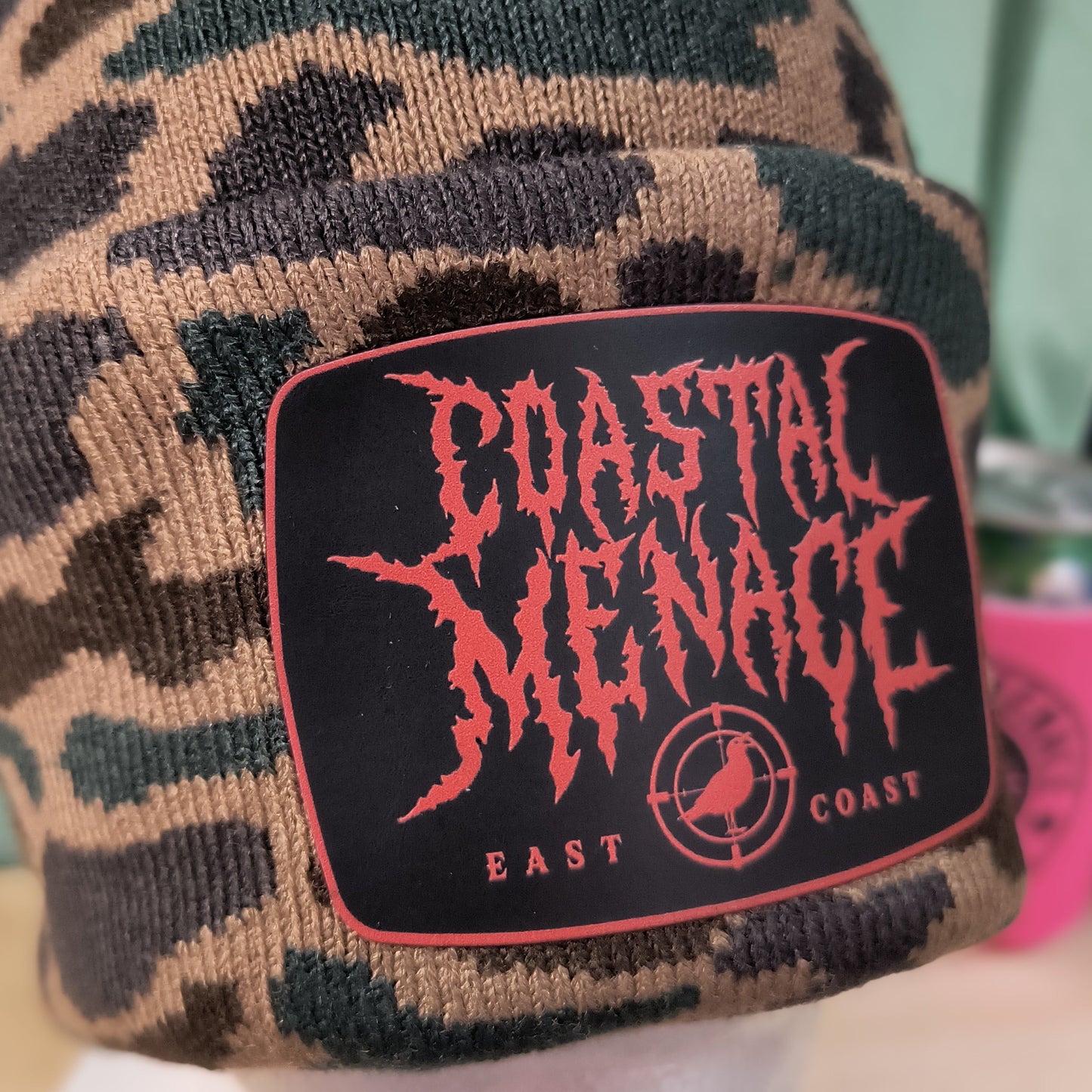 duck camo fowl play beanie with orange coastal menace patch