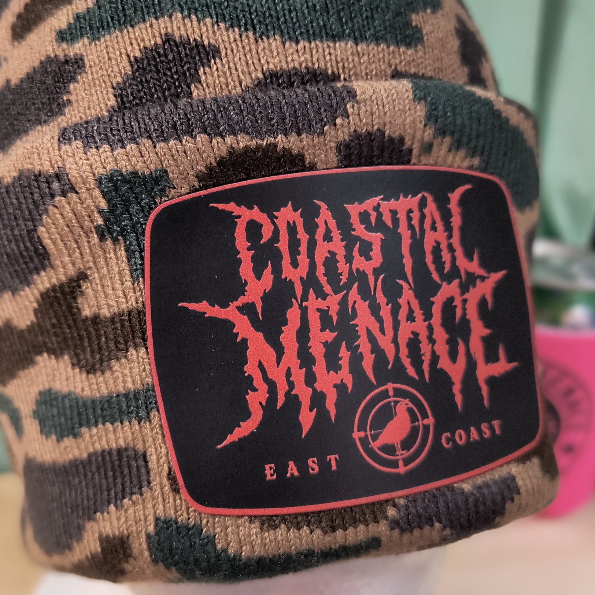 duck camo fowl play beanie with orange coastal menace patch